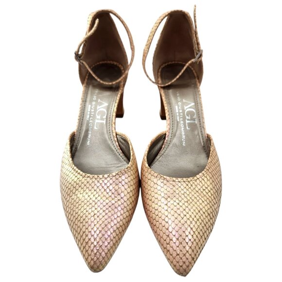 AGL D'Orsay Pink Pearlescent Snakeskin Ankle Strap Chunk Heels Sz. 9.5 US 40 EU - Picture 5 of 10